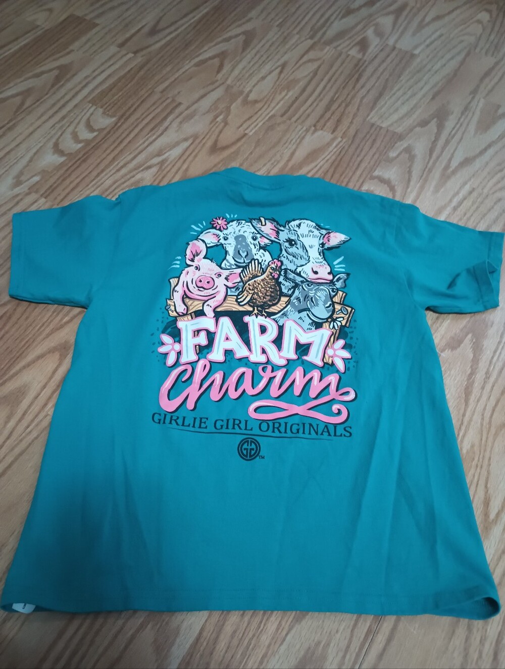 Girlie Girl "Farm Charm" Tee. Teal. Youth M
